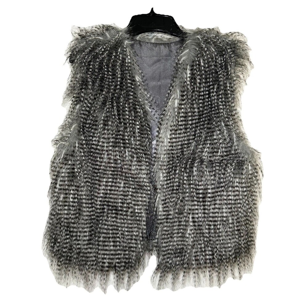 Fashion Bug Shaggy Faux Fur Vest Gray Black LG XL Feathered Look Boho Festival